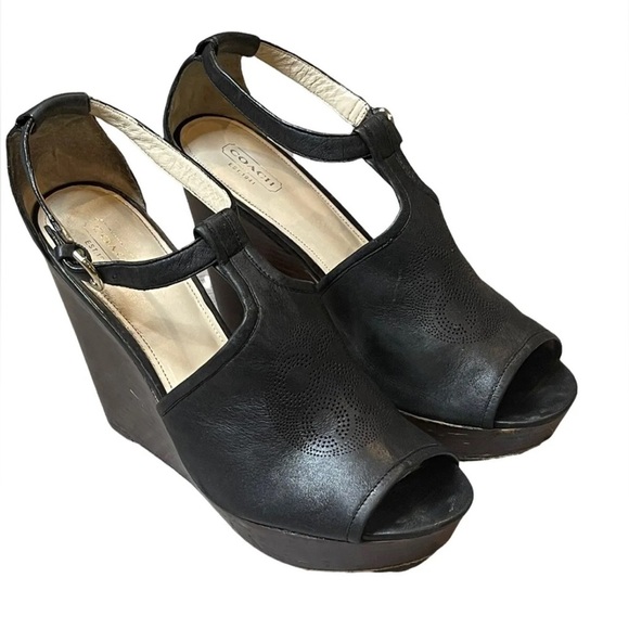 Coach 1941 Juday Nubuck Leather Soft Wedge Platform Open Toe 11 B Black Sandals - Picture 1 of 11